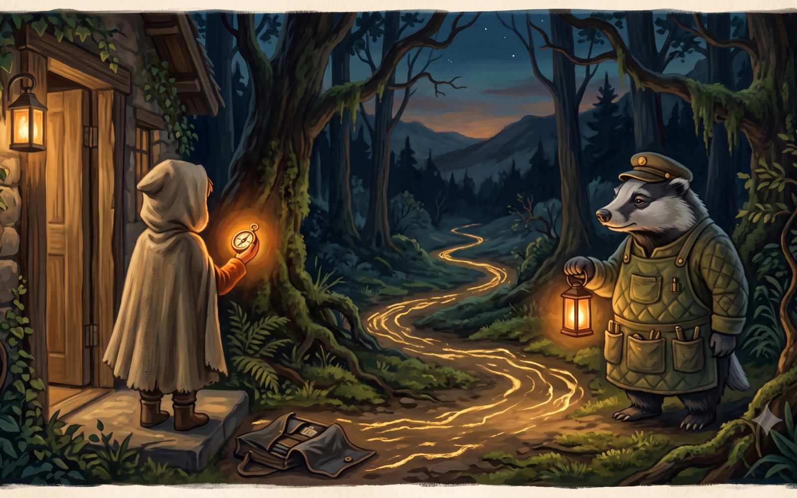 Painted story art: a lantern-lit trail winding into a dark forest, a small hooded traveler and a badger setting out by compass-light.